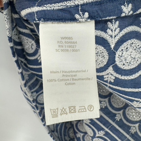 Boden Boho Peasant Embroidered Top Sz 6 Blue White Boxy High Neck LS Bib Front - Picture 4 of 5